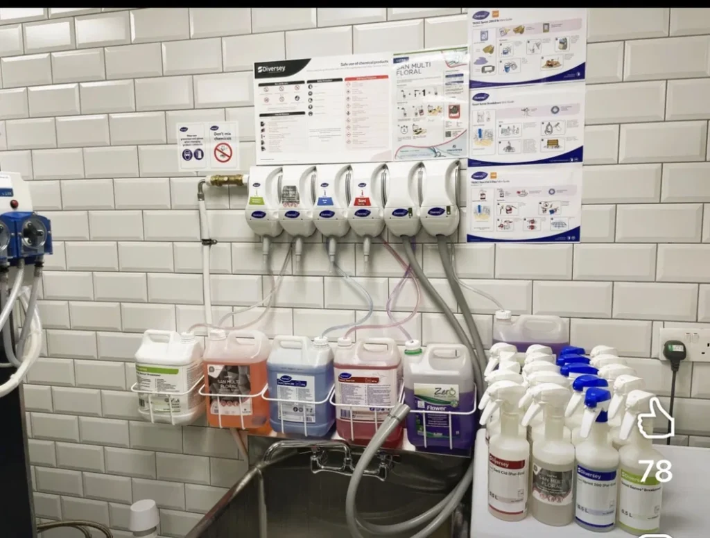 A typical hotel chemical dispensing room