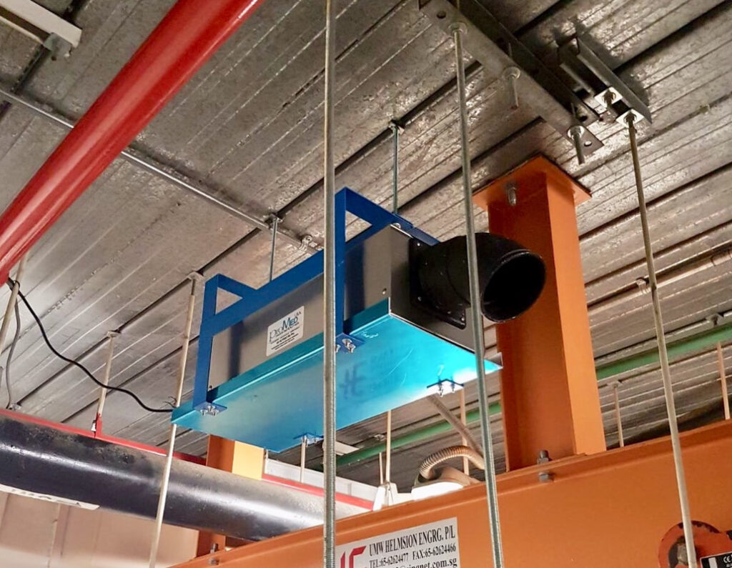 A ProMedUSA UV SG-7000 unit ceiling-mounted in a Singapore bin centre