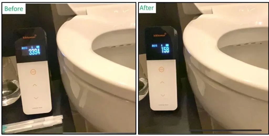 ATP bioluminescence test on a hospital ward room's toilet seat before and after